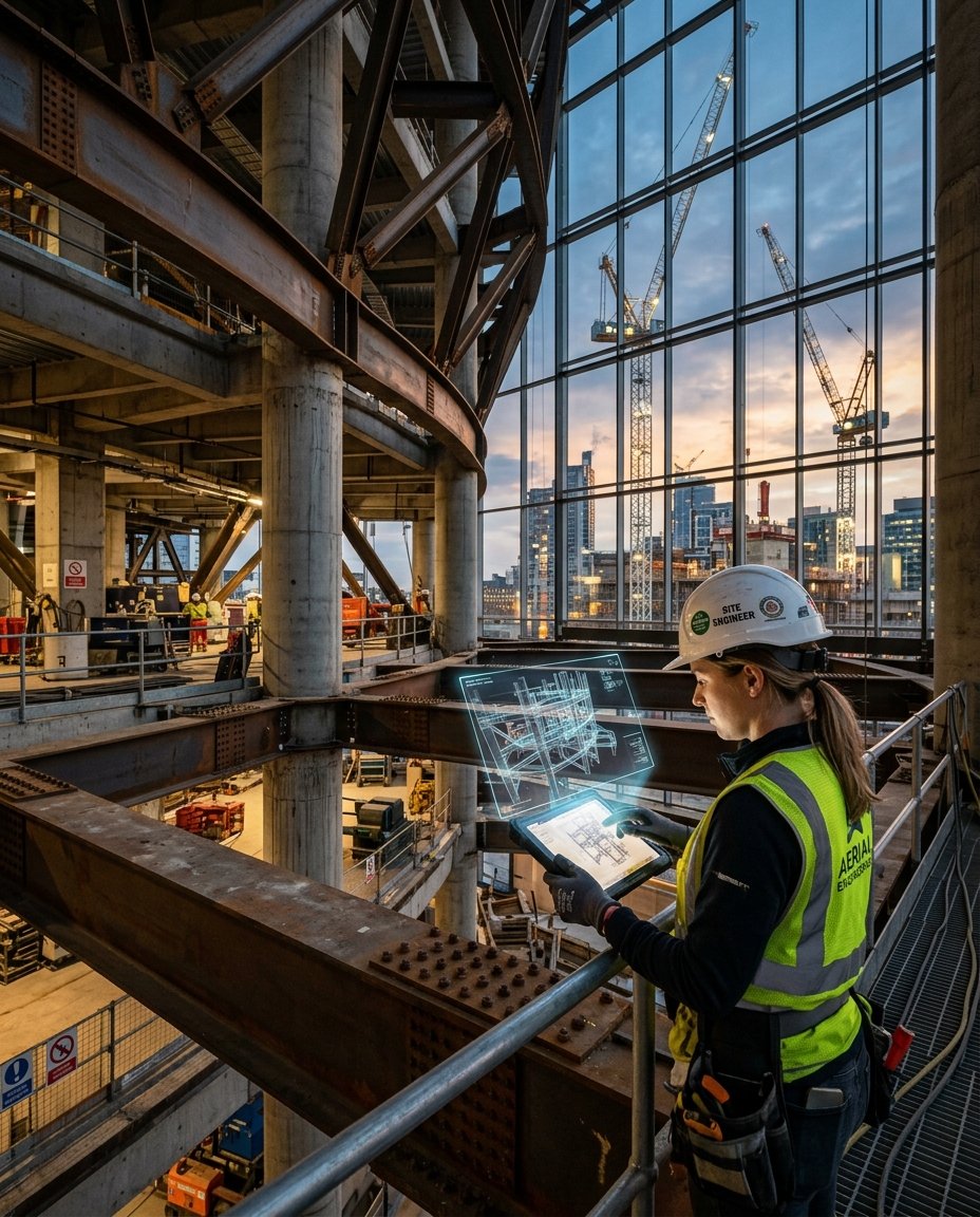 Master Construction Engineer inspecting 3D holographic blueprint on high-rise site