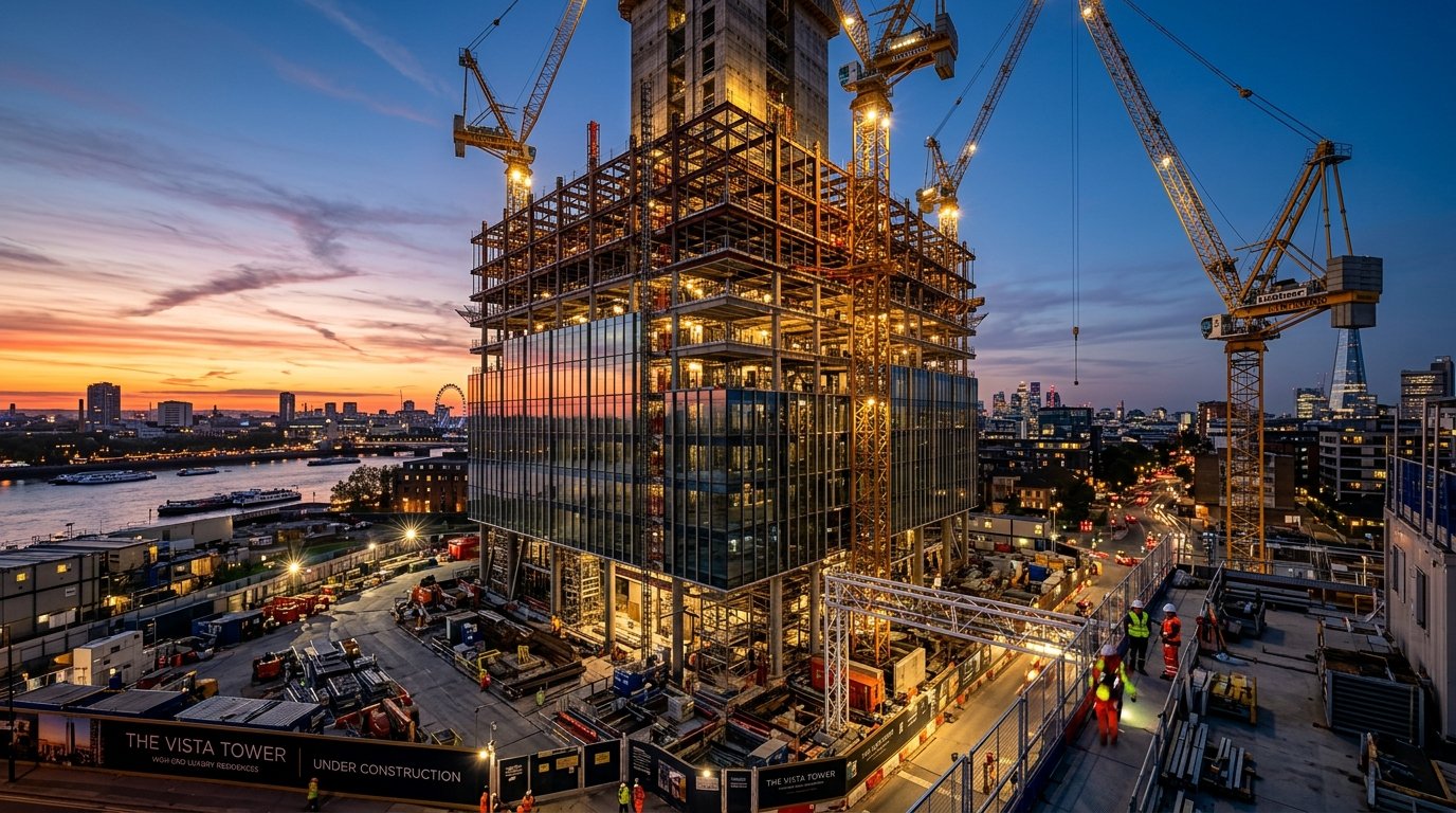 Heavy Commercial Skyscraper Construction at Dusk